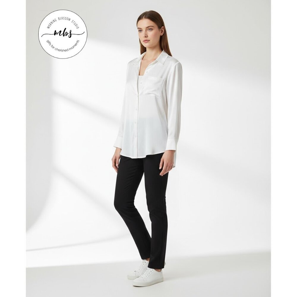 NWT Rielle Satin Button Down Long Sleeve Shirt White‎ Women M
